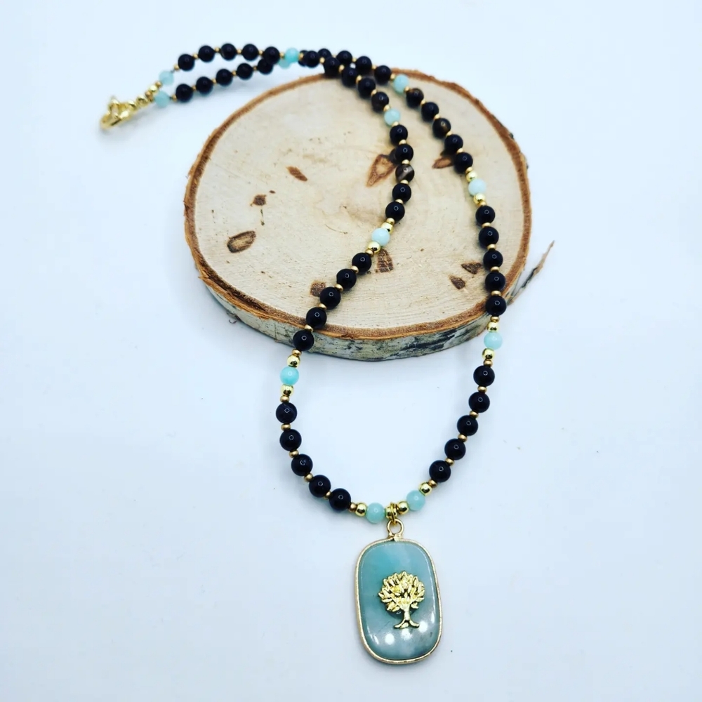 Black Agate ,Amazonite Tree of Life necklace 6 mm